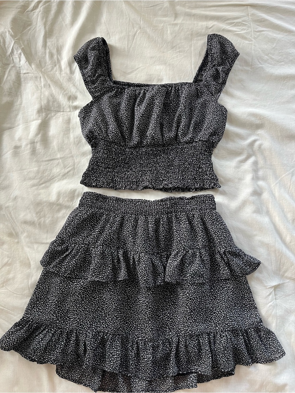 Altar'd State Black Microdot Ruffle Smocked Mini Skirt Set